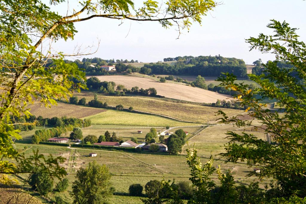 Un paysage de campagne française avec un champ verdoyant et un village en arrière-plan, symbolisant la durabilité et les initiatives pour réduire les émissions de gaz à effet de serre.