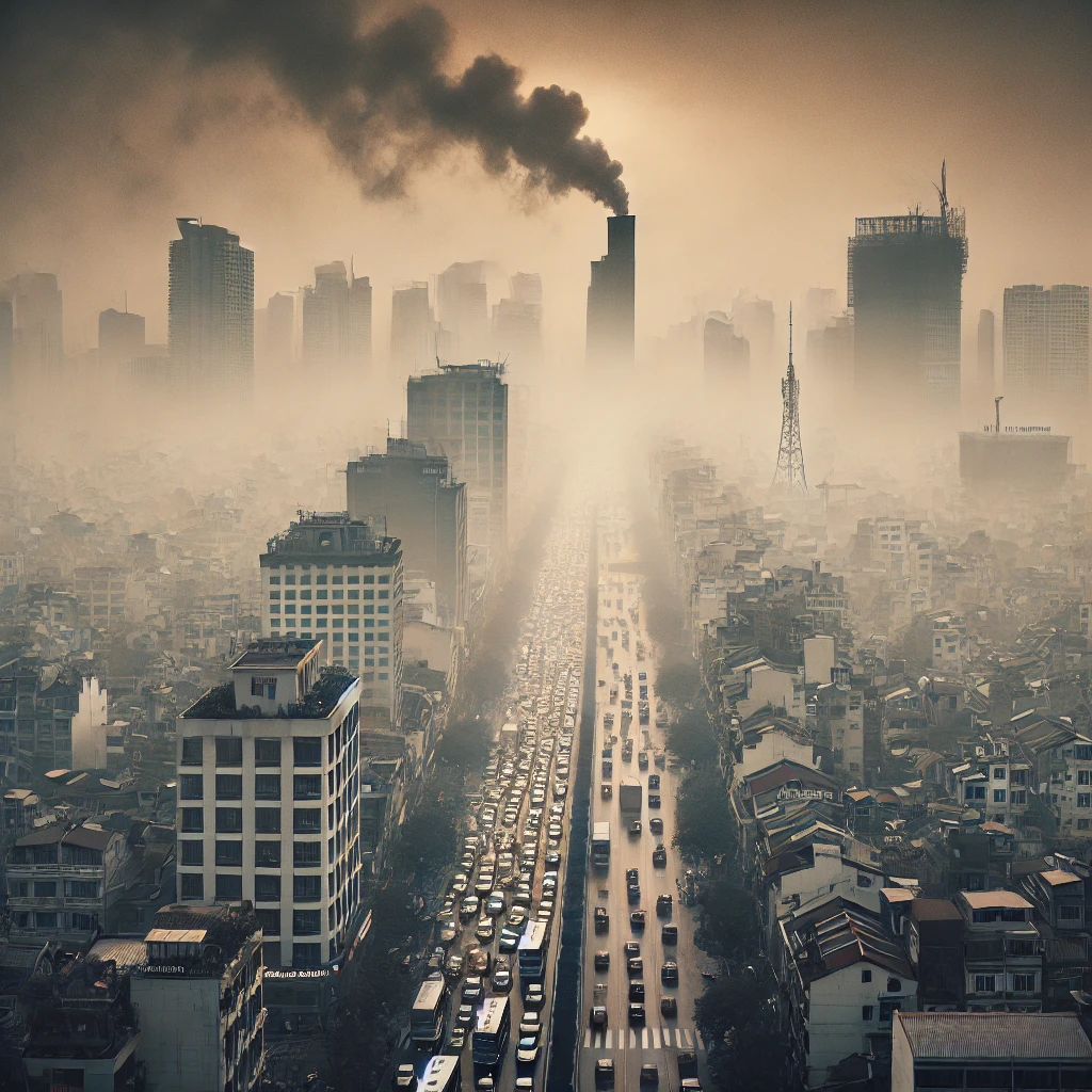 e de Hanoï sous un épais brouillard de pollution en 2025, illustrant la crise de la qualité de l'air.