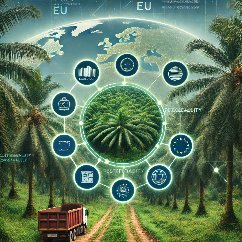 Plantation d'huile de palme en Malaisie avec des palmiers luxuriants, symbolisant une agriculture durable et conforme aux exigences de traçabilité imposées par la réglementation européenne sur la déforestation.