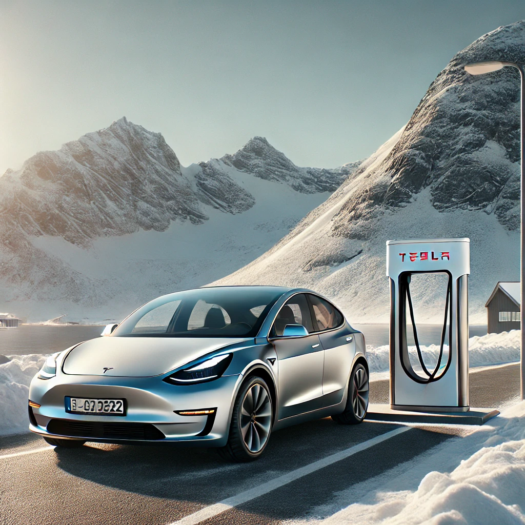 Tesla Model Y en charge à une station électrique moderne en Norvège, avec des montagnes enneigées en arrière-plan