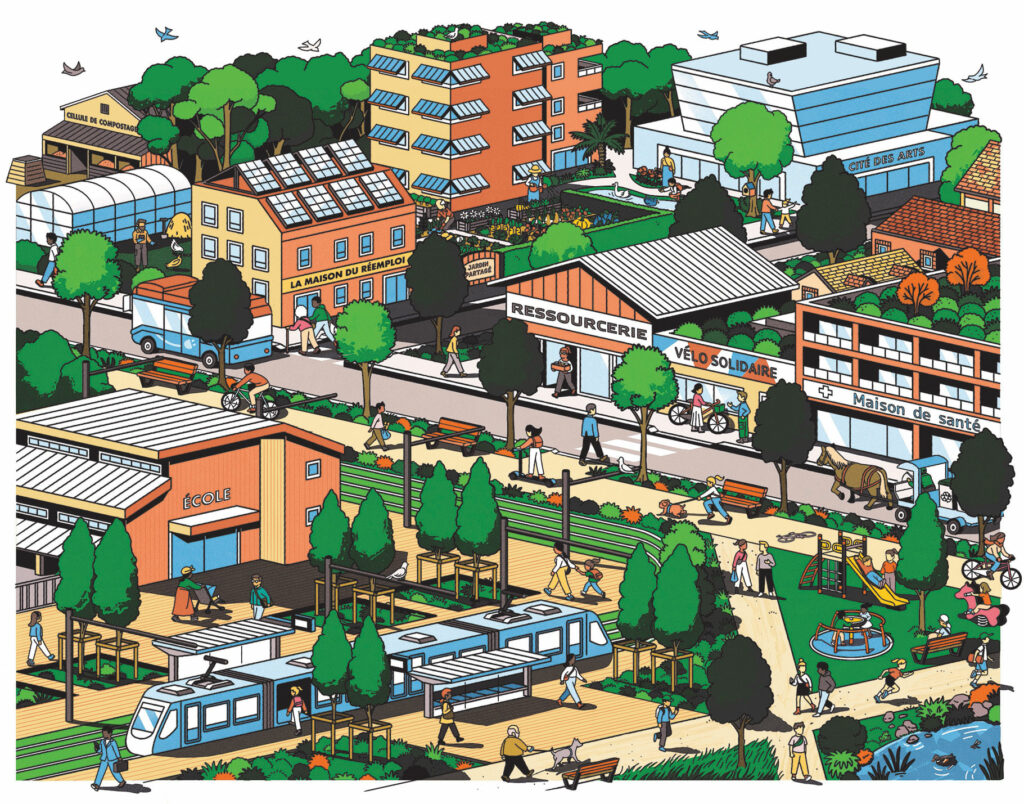 Quartier en transformation avec des bâtiments rénovés, des îlots de fraîcheur et des transports durables.